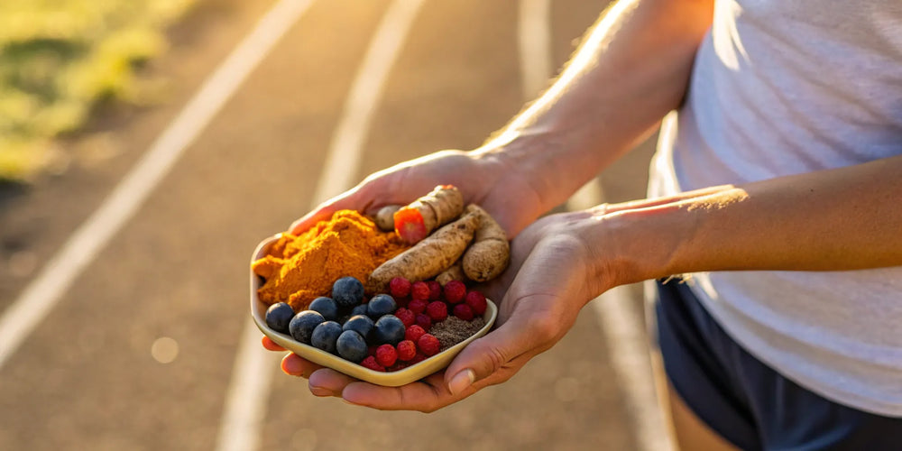 Best joint supplements for athletes made from natural ingredients like turmeric and berries in a bowl.