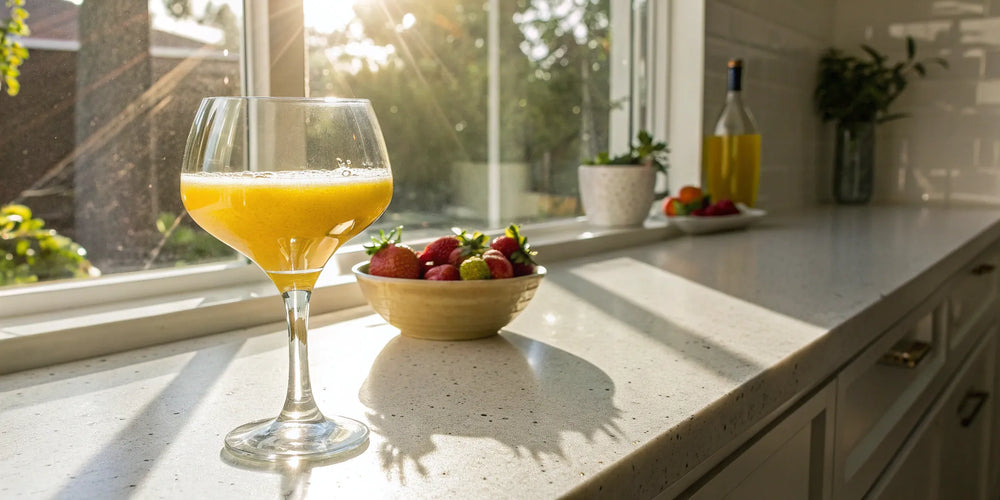 The best liposomal NAD+ supplement as a drink in a glass, next to a bowl of fresh strawberries.