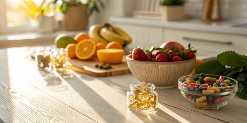 A selection of the best NAD+ supplements on a kitchen table with fresh fruit.