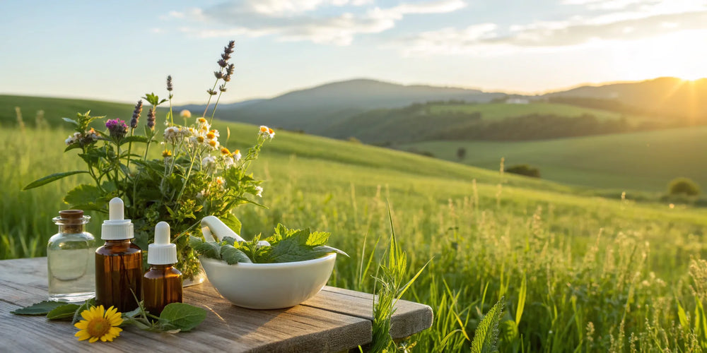 A variety of herbal supplements and tinctures for reducing inflammation on a wooden table.